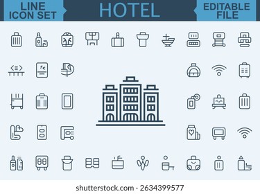 Hotel Icon Set Room, Reception, Taxi, Booking, Hostel, Key Card, Check-In, Passport, Safe, Laundry, Fitness, and Pool Symbols in Vector Illustration	
