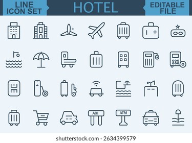 Hotel Icon Set Room, Reception, Taxi, Booking, Hostel, Key Card, Check-In, Passport, Safe, Laundry, Fitness, and Pool Symbols in Vector Illustration	