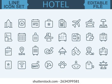 Hotel Icon Set Room, Reception, Taxi, Booking, Hostel, Key Card, Check-In, Passport, Safe, Laundry, Fitness, and Pool Symbols in Vector Illustration	