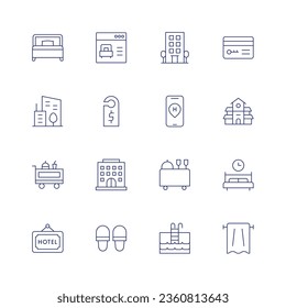 Hotel icon set. Thin line icon. Editable stroke. Containing bed, booking, city, door hanger, food trolley, hotel, hotel key, location, room service, sleep, slippers, swimming pool, towel, villa.