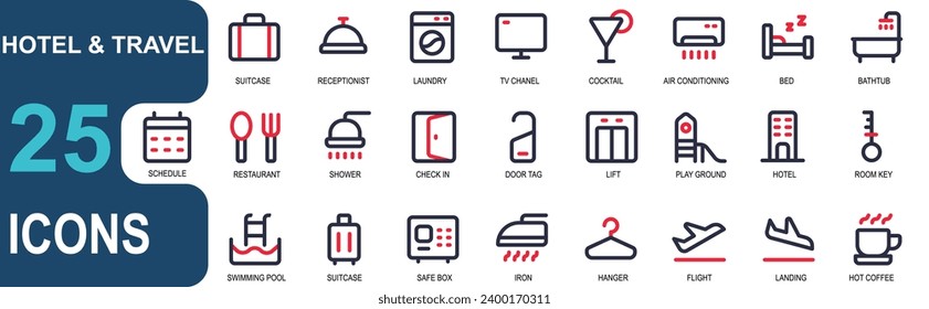 hotel icon set. travel icon set. 2 color line style, vector design for your app and web