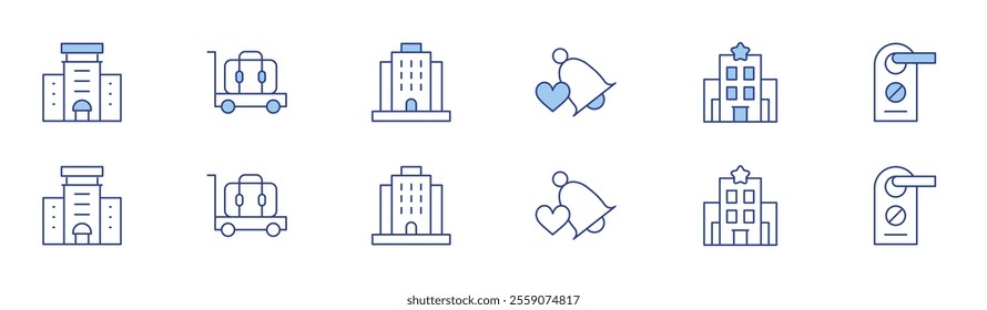 Hotel icon set in two styles, Duotone and Thin Line style. Editable stroke. hotel, luggage cart, resort, bell, no disturb.