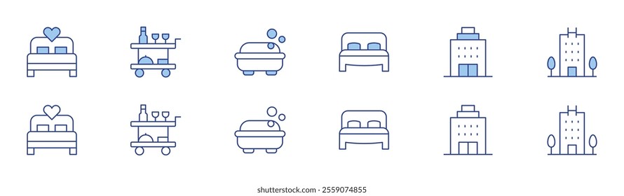 Hotel icon set in two styles, Duotone and Thin Line style. Editable stroke. bed, food trolley, soap, hotel.