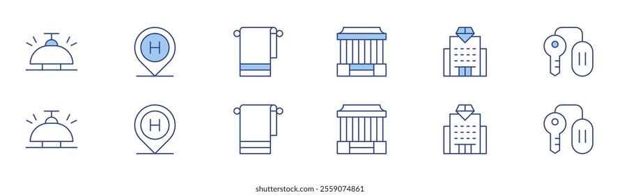 Hotel icon set in two styles, Duotone and Thin Line style. Editable stroke. choultry, bell ring, hostel, hotel, room key, towel.