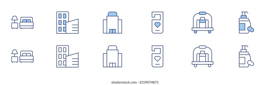 Hotel icon set in two styles, Duotone and Thin Line style. Editable stroke. accomodation, building, hotel, do not disturb, hotel cart, shampoo.