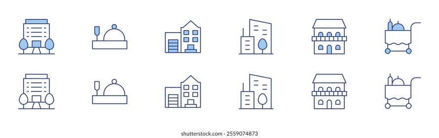 Hotel icon set in two styles, Duotone and Thin Line style. Editable stroke. hotel, room service, city, building.