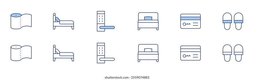 Hotel icon set in two styles, Duotone and Thin Line style. Editable stroke. toilet paper, bed, hotel key, slippers, handle.