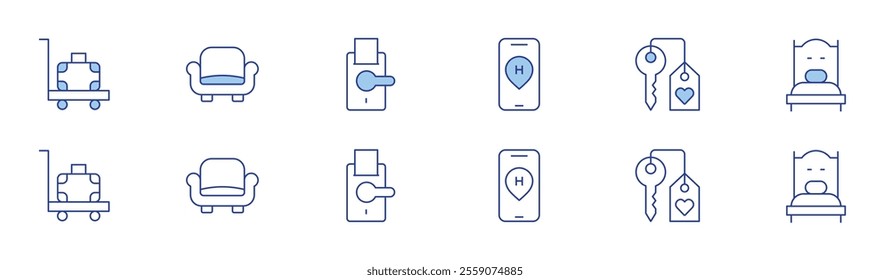 Hotel icon set in two styles, Duotone and Thin Line style. Editable stroke. location, hotel key, single bed, baggage, couch, doorknob.