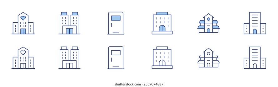 Hotel icon set in two styles, Duotone and Thin Line style. Editable stroke. hotel, villa, room door.