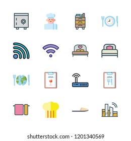 hotel icon set. vector set about slipper, nightstand, restaurant and towels icons set.