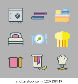hotel icon set. vector set about chef, towels, safebox and restaurant icons set.