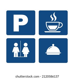 hotel icon set vector, clip art parking, coffee shop, wash room, buffet symbols and clip art