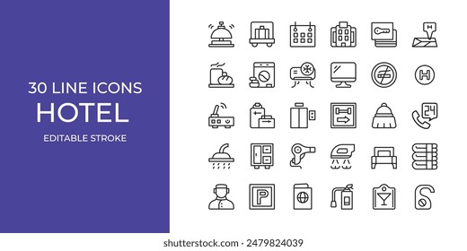 Hotel icon set vector illustration stroke editable. building, key, breakfast and more