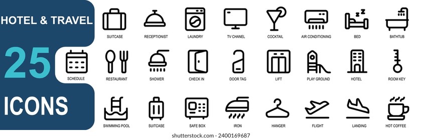 Hotel Icon set.dicker Umriss Stil. enthält Koffer, Empfang, Wäscherei, TV-Sender, Cocktails, ac, Bett, Restaurant, Tür, Check-in, Türklammer, Aufzug, Schwimmbad, Flug, Landung, heißer Kaffee.