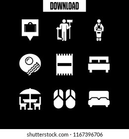 hotel icon. This set with hotel location, housekeeping, breakfast and beach towel vector icons for mobile and web