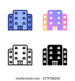 hotel icon vector symbol illustration in four style glyph, line, flat and filled line