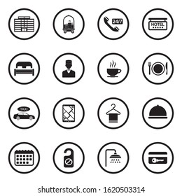Hotel Icons. Black Flat Design In Circle. Vector Illustration.