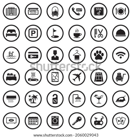Hotel Icons. Black Flat Design In Circle. Vector Illustration.