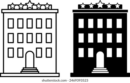 Iconos del hotel. Iconos vectoriales en blanco y negro de edificios para turistas. Hotel de cinco estrellas. Concepto de Vacaciones y Viajes