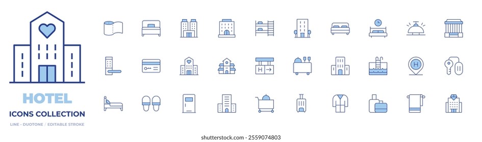 Hotel icons collection. Line Duotone style, editable stroke. hotel key, room service, slippers, swimming pool, villa, hotel, suitcase, bathrobe, bed, handle, room door.