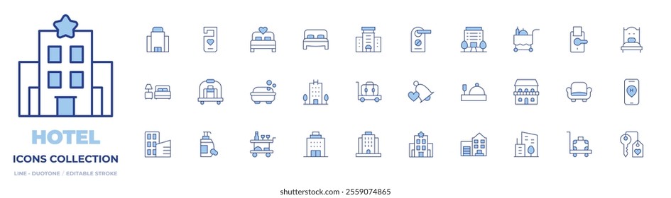 Hotel icons collection. Line Duotone style, editable stroke. accomodation, building, food trolley, luggage cart, resort, room service, soap, bell, hotel, hotel cart, shampoo.