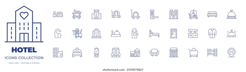 Hotel icons collection. Thin Line icons, editable stroke. accomodation, cleaning cart, door hanger, food trolley, hotel, luggage cart, resort, room service, baggage, doorknob.