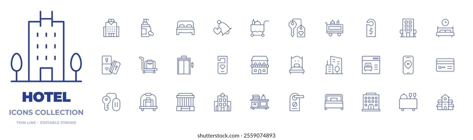 Hotel icons collection. Thin Line icons, editable stroke. booking, city, door hanger, food trolley, bed, bell, do not disturb, elevator, hotel, hotel key, room service, single bed, key card, luggage, 