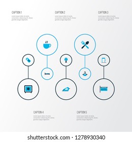 Hotel icons colored set with bed, hotel sign, hanger and other door hanger elements. Isolated vector illustration hotel icons.