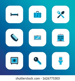 Hotel icons colored set with bed, toilet, food and other suitcase elements. Isolated vector illustration hotel icons.