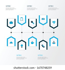 Iconos de hotel coloridos con peine, harina, estuche y otros elementos de tela. Iconos de hotel de ilustración vectorial aislados.