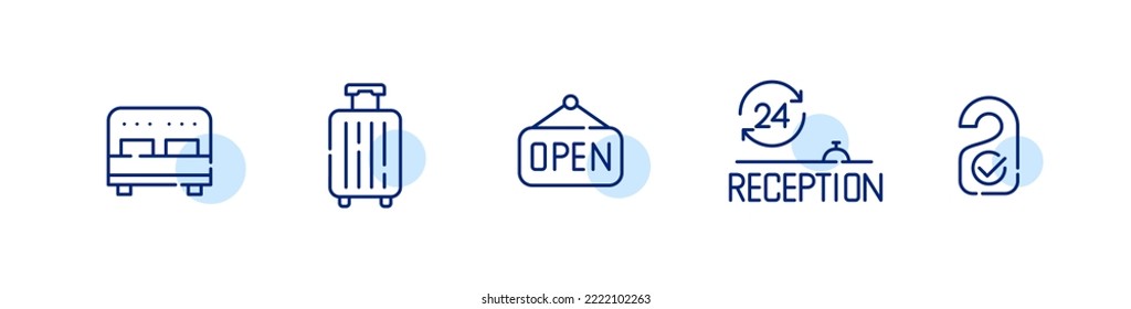 Hotel icons. Double bed, luggage, open sign, 24 hour reception, door knob sign. Pixel perfect, editable stroke line