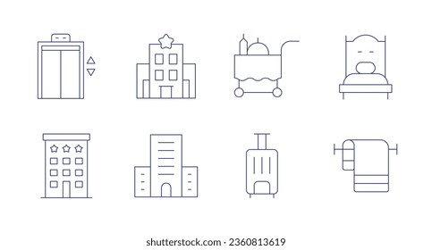 Hotel icons. editable stroke. Containing elevator, hotel, room service, single bed, suitcase, towel.