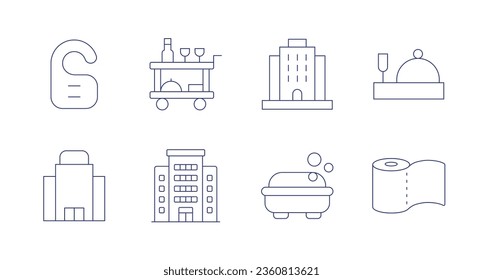 Hotel icons. editable stroke. Containing door hanger, food trolley, hotel, resort, room service, soap, toilet paper.