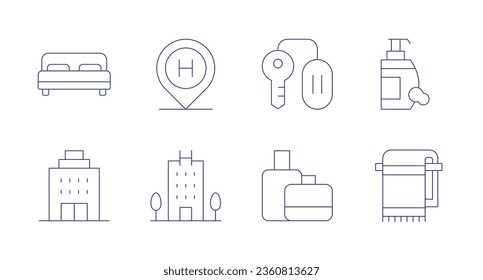 Hotel icons. editable stroke. Containing double bed, hostel, hotel, room key, shampoo, suitcase, towel.