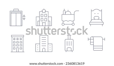 Hotel icons. editable stroke. Containing elevator, hotel, room service, single bed, suitcase, towel.