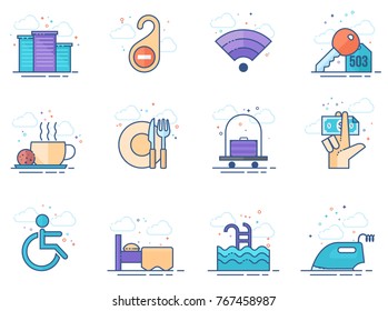 Hotel icons in flat color style. Vector illustration.