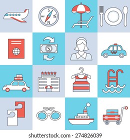 Hotel icons, flat design, thin lines and light color style