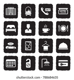 Hotel Icons. Grunge Black Flat Design. Vector Illustration. 