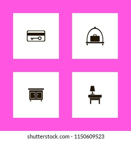 hotel icons. key card, lamp nightstand, nightstand and baggage cart vector icons set