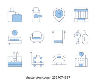 Hotel icons. Line Duotone style, editable stroke. baggage, couch, doorknob, sleep, swimming pool, choultry, bell ring, hostel, hotel, room key, suitcase, towel.