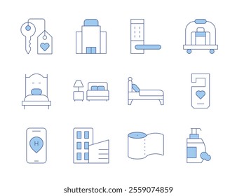 Hotel icons. Line Duotone style, editable stroke. accomodation, building, hotel, location, do not disturb, hotel key, single bed, hotel cart, shampoo, toilet paper, bed, handle.