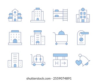 Hotel icons. Line Duotone style, editable stroke. hotel, luggage cart, resort, bell, no disturb, villa, bunk bed, room service.