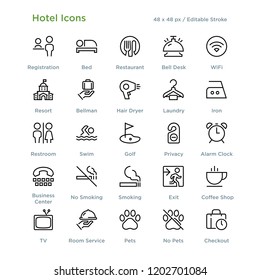 Hotel Icons - Outline styled icons, designed to 48 x 48 pixel grid. Editable stroke.