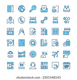 Hotel icons. Outline symbols. Vector blue line icons set