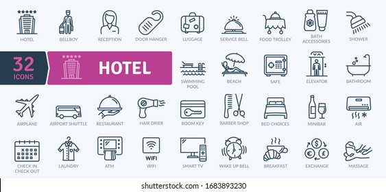 Hotel Icons Pack. Leuchtzeilensymbole gesetzt. Flaticon Kollektionsset. Einfache Vektorsymbole