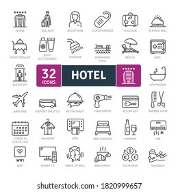 Hotel Icons Pack. Iconos de línea delgada configurados. Conjunto de colección de iconos plano. Iconos vectoriales simples