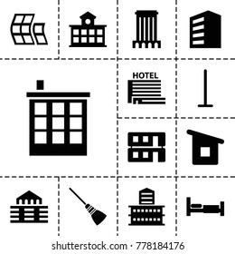 Hotel icons. set of 13 editable filled hotel icons such as bed, building, mop, house building, hotel