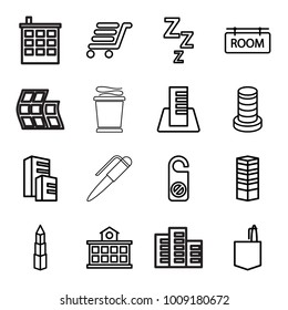 Hotel icons. set of 16 editable outline hotel icons such as business centre, building, do not disturb, office room, zzz, luggage cart, room tag, builidng