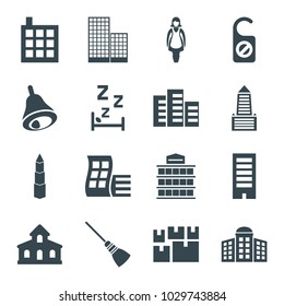 Hotel icons. set of 16 editable filled hotel icons such as building, modern curved building, building   isolated  sign symbol, bell, business center, mop, do not disturb, maid