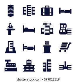 hotel icons set. Set of 16 hotel filled icons such as airport desk, bed, modern curved building, business centre, building, towels, luggage cart, luggage